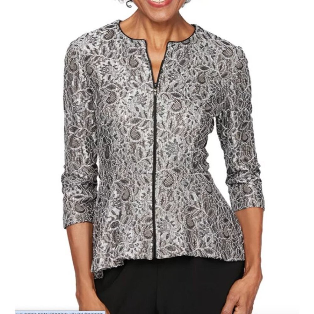 Alex Evening Womens XL Metallic Paplum Zip Up Jacket‎ In Black Silver